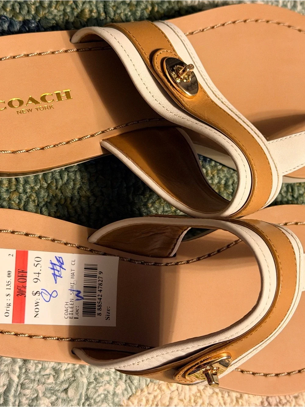 New Coach Brown and White Leather Thong Sandals with Gold Accent